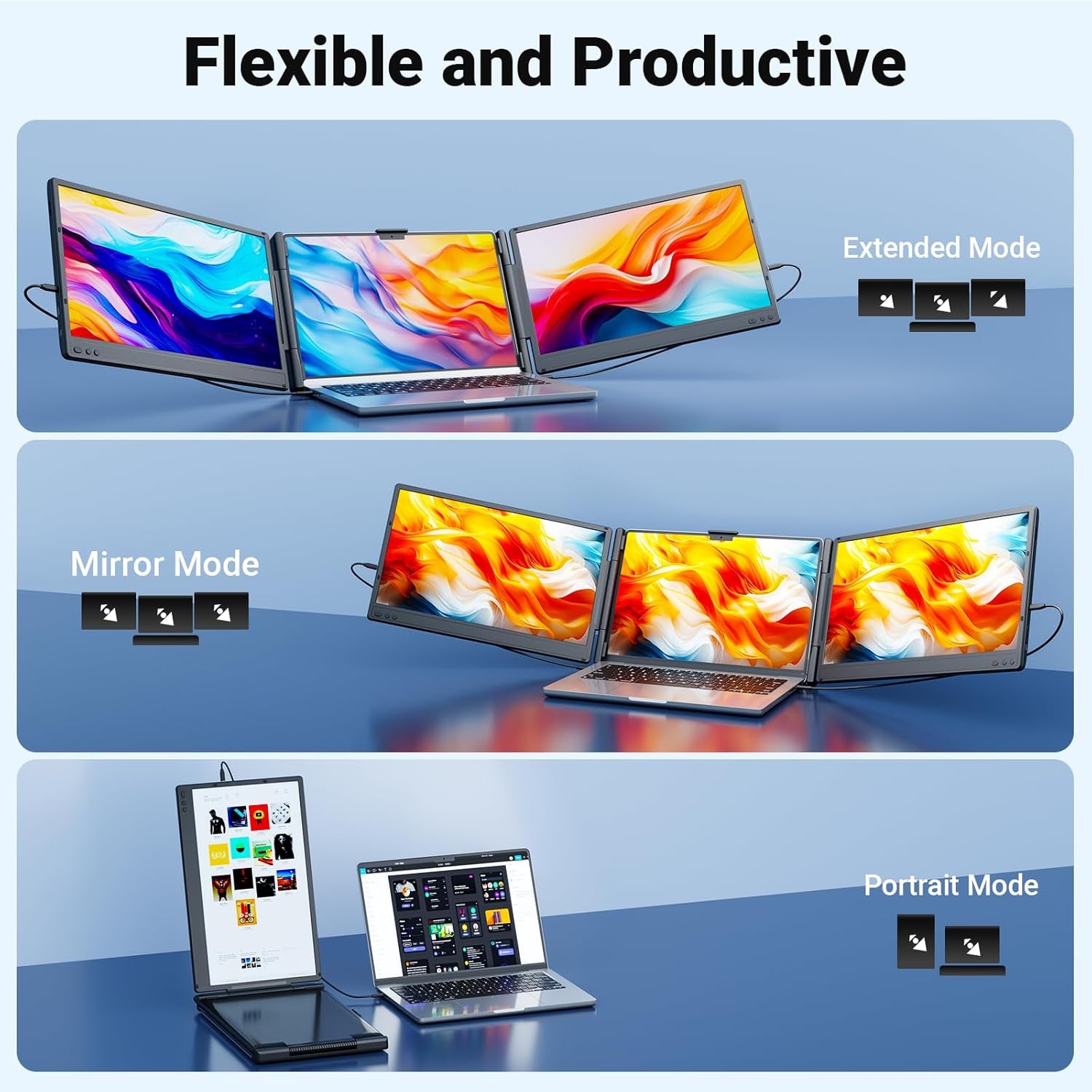 Laptop Screen Extender, 14" Triple Portable Monitor for Laptop, 1080P FHD IPS Screen Extender Monitors for 13"-17", Travel Monitor for Mac/Windows/Chrome, Built-In Speakers