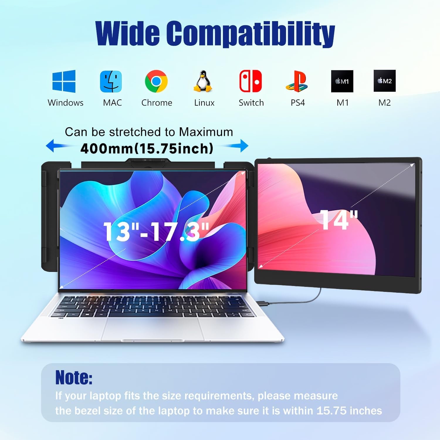 Laptop Screen Extender, 14" FHD 1080P IPS Laptop Monitor Extender Dual Screen, Portable Monitor for Laptops 13-17" with USB-C/HDMI Port, Plug N Play for Windows/Mac/Android/Switch/Ps5