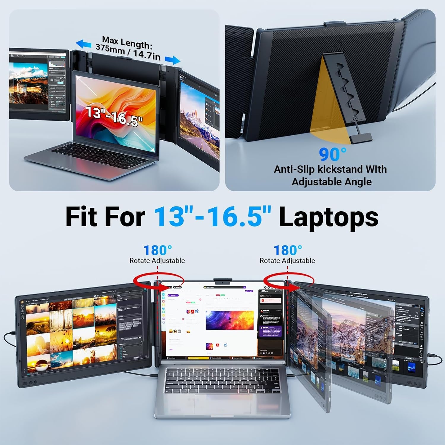 Laptop Screen Extender, 14" Triple Portable Monitor for Laptop, 1080P FHD IPS Screen Extender Monitors for 13"-17", Travel Monitor for Mac/Windows/Chrome, Built-In Speakers