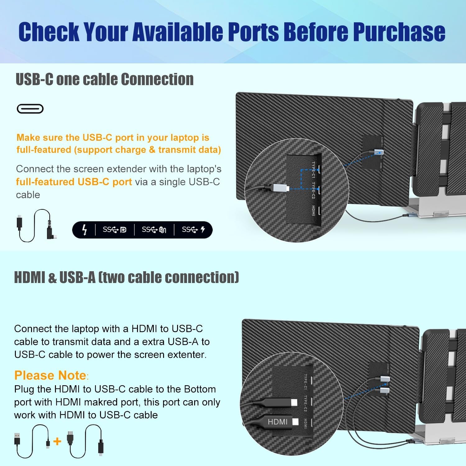 Laptop Screen Extender, 14" FHD 1080P IPS Laptop Monitor Extender Dual Screen, Portable Monitor for Laptops 13-17" with USB-C/HDMI Port, Plug N Play for Windows/Mac/Android/Switch/Ps5