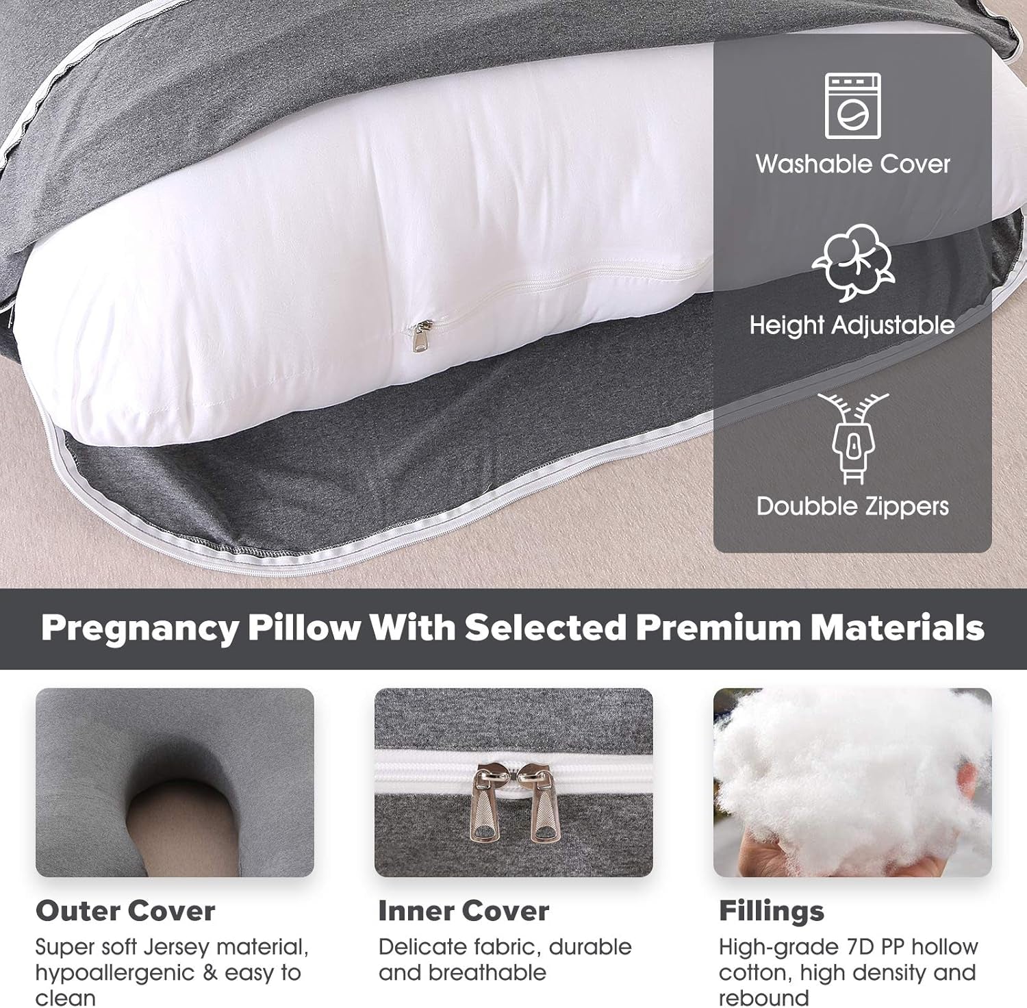Pregnancy Pillows for Sleeping,U Shaped Full Body Pillow for Pregnancy Women with Removable Jersey Cotton Cover,57 Inch Maternity Pillow(Jersey,Dark Grey)