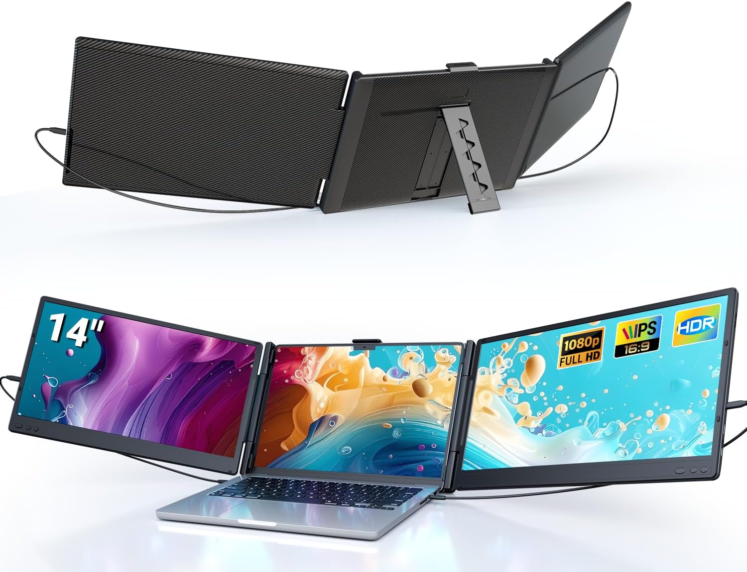 Laptop Screen Extender, 14" Triple Portable Monitor for Laptop, 1080P FHD IPS Screen Extender Monitors for 13"-17", Travel Monitor for Mac/Windows/Chrome, Built-In Speakers