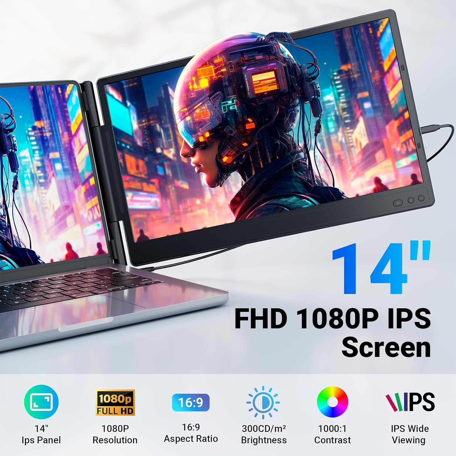 Laptop Screen Extender, 14" Triple Portable Monitor for Laptop, 1080P FHD IPS Screen Extender Monitors for 13"-17", Travel Monitor for Mac/Windows/Chrome, Built-In Speakers