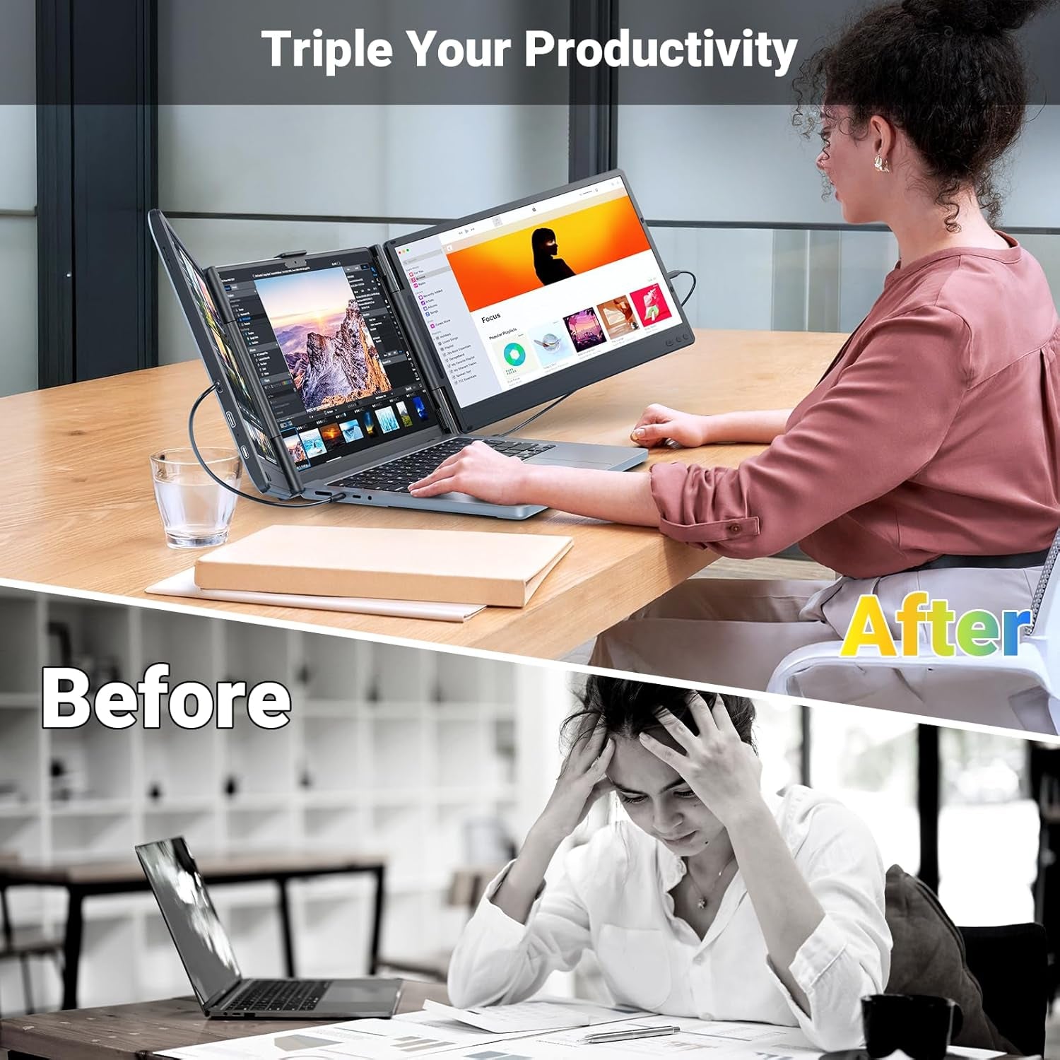 Laptop Screen Extender, 14" Triple Portable Monitor for Laptop, 1080P FHD IPS Screen Extender Monitors for 13"-17", Travel Monitor for Mac/Windows/Chrome, Built-In Speakers