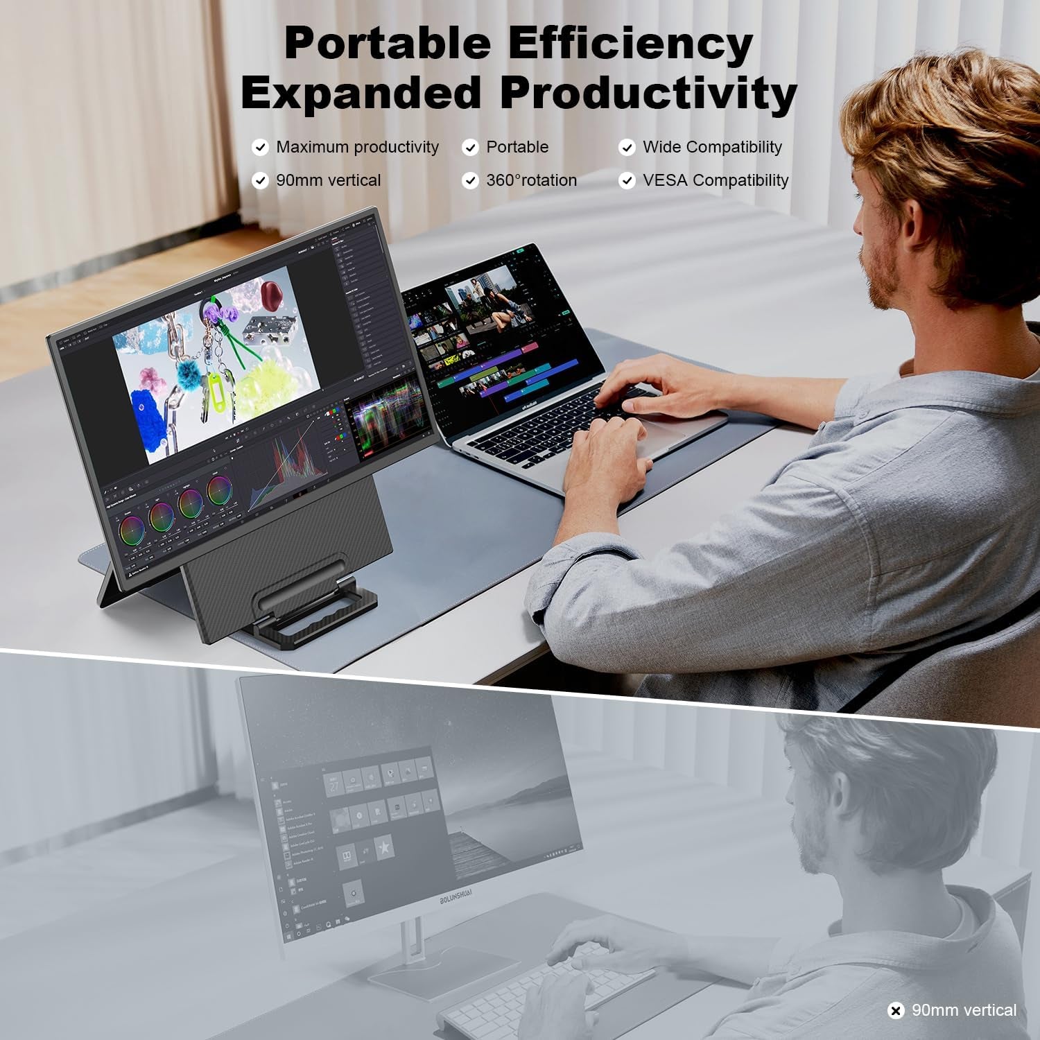 24" Large Portable Monitor, 1080P FHD 100Hz Laptop Screen Extender, 125% Srgb IPS Monitor Extender, USB C HDMI Office Gaming with Detachable Stand, Travel Monitor for Window MAC Phone Xbox Switch