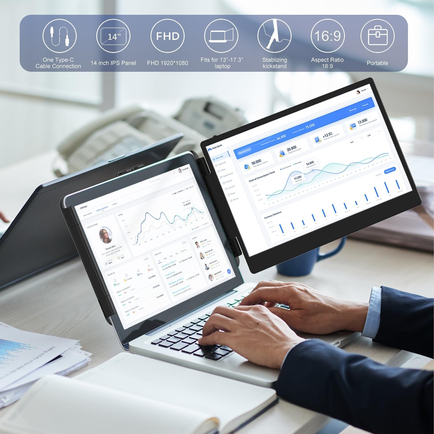 Laptop Screen Extender, 14" FHD 1080P IPS Laptop Monitor Extender Dual Screen, Portable Monitor for Laptops 13-17" with USB-C/HDMI Port, Plug N Play for Windows/Mac/Android/Switch/Ps5